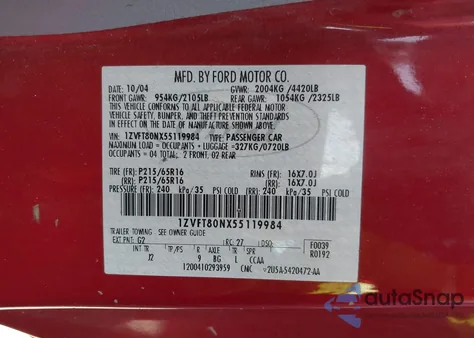 2005 Ford Mustang V6 Deluxe/V6 Premium из США, поврежденный, VIN 1ZVFT80NX55119984